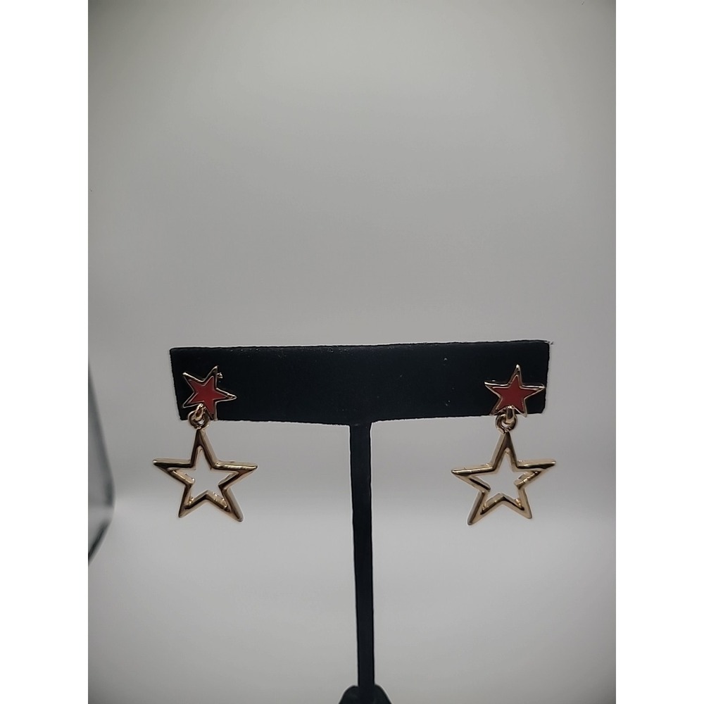 New Raphael Earrings Gold Tone Red Drop Dangle Star Pierced Stud Jewelry Costume